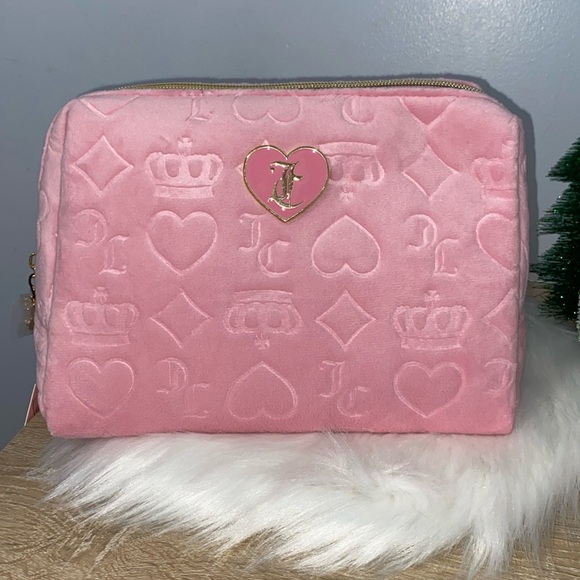 Juicy Couture Other - Juicy Couture Heart Logo Pink Velour Pressed Pattern Cosmetic Travel Bag NWT